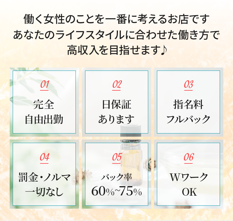 働く女性のことを一番に考えるお店です。あなたのライフスタイルに合わせた働き方で高収入を目指せます。１：完全自由出勤。２：時給保証あり。３：指名料フルバック。４：罰金・ノルマ一切なし。５：雑費引きなし、６：WワークOK。